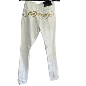 Ed Hardy x Christian Audigier Y2K White Denim Jeans Size 28 Gold spellout